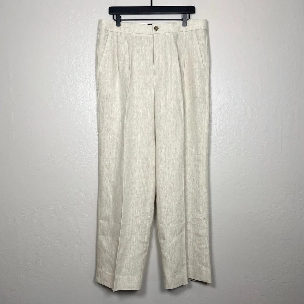 BANANA REPUBLIC Women Size 14 Palma Linen High-Waisted Pleated Straight-Leg Pant